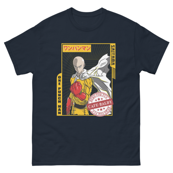 A T-shirt features a bald superhero in a yellow outfit with a white cape raising a fist. The design includes Japanese text and badges labeling him as a hero.