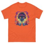 An orange t-shirt features a vibrant graphic of a surreal alien face with large eyes and flowing elements surrounded by colorful clouds and stylized trees in a scenic backdrop.