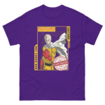 A purple t-shirt features a cartoon character with a bald head and a cape posing confidently with a fist raised. Text elements include "ONE PUNCH MAN" and "CAPE BALDY" in stylized fonts.