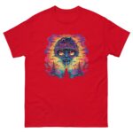 A vibrant graphic features an alien figure with large expressive eyes and intricate designs on its head dripping with a colorful liquid against a backdrop of swirling clouds and trees.