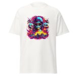 A white t-shirt features a vivid graphic of a skull wearing sunglasses and a helmet surrounded by colorful explosions and skulls set against a chaotic background.