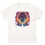 A colorful graphic design features a large alien face with multicolored eyes and flowing patterns. It is set against a vibrant sunset background with stylized trees and surreal elements surrounding it.