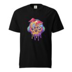 A black t-shirt features a colorful graphic design of a dripping skull wearing headphones with red and blue mushrooms on top set against a vibrant background.