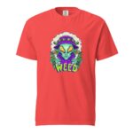 A bright red t-shirt features a graphic of an alien holding cannabis plants and smoking with the word "WEED" prominently displayed in green.