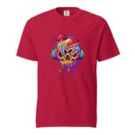 A red t-shirt features a graphic design of a stylized skull wearing headphones with colorful mushrooms on top and vibrant drips in blue and purple below the skull.