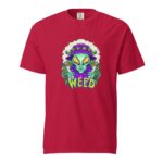 A red t-shirt features a colorful graphic of an alien character holding two smoking joints surrounded by marijuana leaves with the word WEED prominently displayed below the alien.