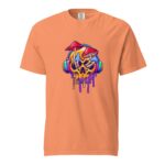 An orange t-shirt features a graphic design of a skull wearing headphones dripping with colorful paint accompanied by vibrant mushrooms on top against a plain backdrop.