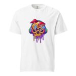 A white t-shirt features a colorful graphic of a skull wearing headphones with mushrooms above it and vibrant drips at the bottom  creating a lively and artistic design.