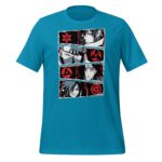 A turquoise t-shirt features a graphic design with four frames showcasing characters with distinct features and red symbols. The context suggests a pop culture or anime theme.