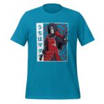 A turquoise t-shirt features an animated character in red armor with spiky black hair performing a hand gesture against a background with circular designs. Text alongside the character is in Japanese.