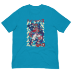 A vibrant blue t-shirt displays a stylized character in action surrounded by colorful  swirling patterns with Japanese text above and below the figure illustrating a dynamic scene.