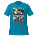 A bright blue t-shirt features a graphic design with four panels depicting characters in an anime style showcasing dynamic expressions and action sequences alongside Japanese text at the top and bottom.
