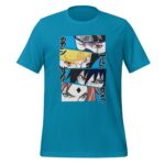A turquoise t-shirt features a graphic of four characters' faces from an anime with intense expressions framed in four sections displaying a vibrant design.