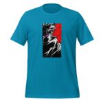 A turquoise t-shirt displays a graphic design of a character with spiky hair partially covered by a dark cloak showcasing an intense expression with a purple eye against a red and black background.