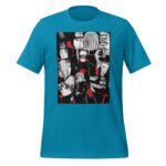 A turquoise t-shirt displays a black and white graphic featuring various characters with red accents from an animated series arranged in a collage style against a solid background.