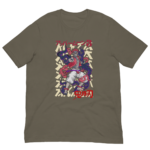 A graphic t-shirt displays a dynamic illustration of a muscular figure with colorful flowing elements and bold text featuring Japanese characters and red accents set against a muted fabric backdrop.