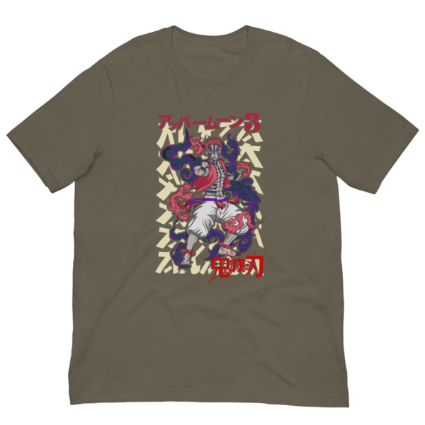 A graphic t-shirt displays a dynamic illustration of a muscular figure with colorful flowing elements and bold text featuring Japanese characters and red accents set against a muted fabric backdrop.