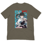 A shirt displays an illustrated character holding a sword surrounded by blue and pink butterflies with text that reads Tsuyuri Kanao and features a stylized background.