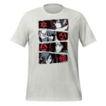 A gray t-shirt features four graphic panels of characters with red and black designs showcasing eyes and symbols often associated with anime. The background is plain and minimal.