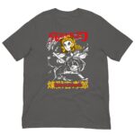 A dark gray t-shirt features a stylized character wielding a sword surrounded by swirling designs with bold red and yellow text above and below the character in Japanese.