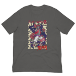 A gray t-shirt displays a vibrant graphic of a muscular figure with flowing hair and dynamic clothing. The figure strikes a bold pose against a layered background featuring stylized text in Japanese.