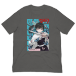 A gray t-shirt features an anime character holding a sword surrounded by blue butterflies with a whimsical background while displaying the text Tsuyuri Kanroji at the bottom and other stylized elements.