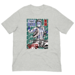 A gray T-shirt features an illustration of a character with blue stripes raising a hand prominently against a background of repeated text elements that include Japanese characters and "UPPER MOON"