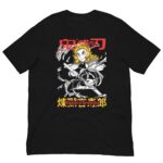 A black t-shirt displays a colorful graphic of a character wielding a sword with swirling effects around them. Text appears in Japanese and English below the character.