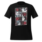 A black t-shirt displays an illustration featuring four characters in separate panels with red and gray accents showcasing their intense expressions and associated symbols from a popular anime series.