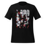 A black t-shirt features a graphic design with various anime characters illustrated in red and gray  displaying distinct expressions and poses against a contrasting background.