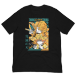 A black t-shirt features a colorful graphic of a character wielding a sword and another character expressing fear surrounded by abstract shapes and elements with Japanese text on the left and bottom