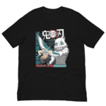 A black t-shirt features two anime characters wielding swords amidst stylized backgrounds with text. One character wears a boar mask while the other is muscular and wielding a sword. Text includes "DEMON SLAYER" and "BEAST BREATHING."
