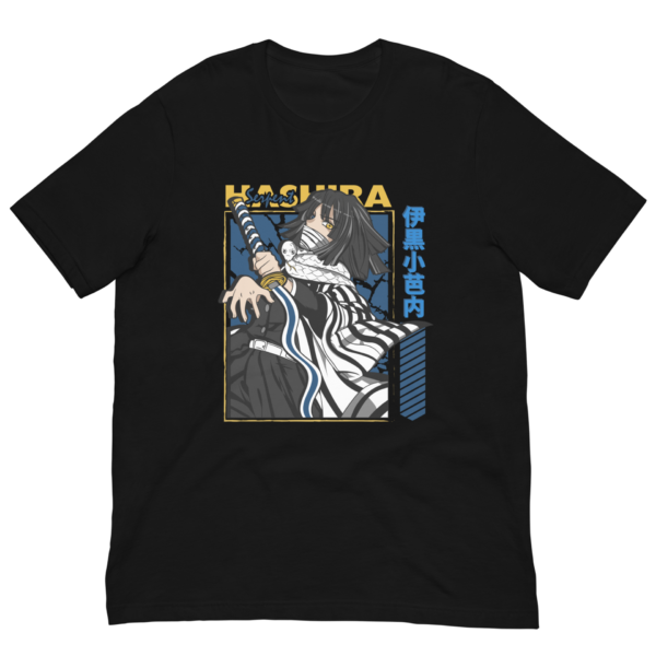 A black t-shirt features a character holding a sword with a focused expression wearing a striped robe surrounded by stylized design elements and text that reads HASHIRA and 伊黒小芭内.