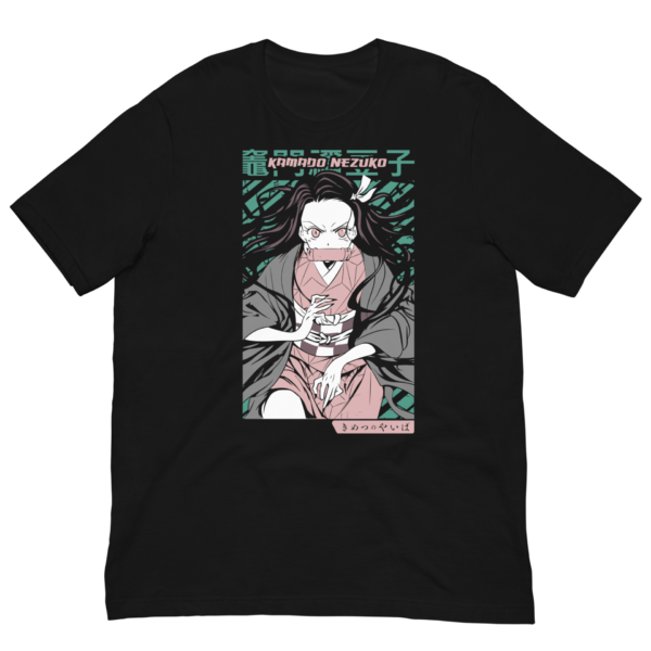 A black t-shirt features an illustration of a character with long hair and a serious expression wearing a pink kimono and black overcoat holding a bamboo muzzle surrounded by a stylized background. Text includes "KAMADO NEZUKO" and Japanese characters.