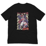 A black t-shirt features a vibrant graphic of a character with a skeletal body and colorful smoke-like elements surrounding it with Japanese text and the phrase 思念の.