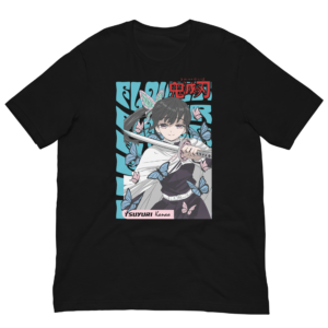 A black t-shirt features an illustrated character holding a sword surrounded by blue butterflies the character's name is Tsuyuri Kanro and is styled with a cape and hairstyle.