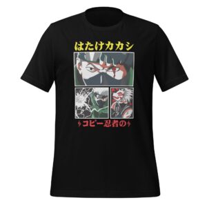 A black t-shirt features four comic-style panels showcasing different characters with intense expressions wearing ninja attire surrounded by colorful graphics and Japanese text indicating their identities and themes.