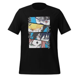 A black t-shirt displays a graphic with four faces of characters from an anime series  featuring intense expressions and distinct hair colors  set against a blue background.