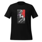 A black t-shirt features a graphic design of a character partially concealed by a cloak with a striking purple eye against a red and gray background indicating an intense atmosphere.