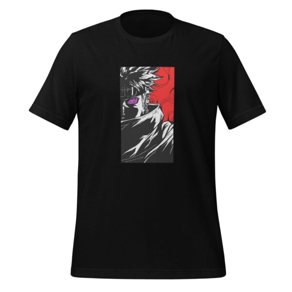 A black t-shirt features a graphic design of a character partially concealed by a cloak with a striking purple eye against a red and gray background indicating an intense atmosphere.
