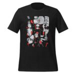 A black t-shirt features a graphic design of various anime characters depicted in a collage style with red accents surrounding their faces and expressions creating a striking visual appeal.