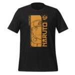 A black t-shirt features an orange graphic of a character with whisker marks and a headband. The word "NARUTO" is prominently displayed alongside Japanese text in a stylized format.