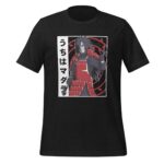 A black t-shirt features an illustrated character with long dark hair wearing a red outfit raised in a dramatic pose against a red circular background with Japanese text beside him.