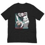 A black t-shirt features a graphic design of two characters from a series. One wields a sword  while the other has an animal mask. Text includes "DEMON SLAYER" and "BEAST BREATHING."