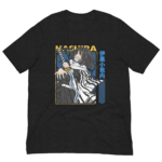 A dark t-shirt features a stylized character holding a sword with an intense expression surrounded by blue accents and Japanese text indicating the character's name and title.