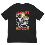 A black t-shirt features an illustrated character wielding a sword with fiery accents and dynamic movement  surrounded by stylized text in Japanese and English at the bottom.