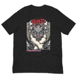 A black t-shirt features a graphic design of a fierce boar-like creature with blue eyes surrounded by swirling patterns and text in red and white reading Kamado Tanjirou Hashibira Inosuke.