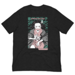 A graphic t-shirt features a character with long flowing hair wearing a traditional outfit holding a bamboo stick. The background displays stylized green leaves with Japanese text at the bottom.