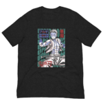 A graphic t-shirt features a stylized character with blue skin and white hair in a dynamic pose against a background of repeated text reading "UPPER MOON" and other Japanese characters.