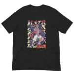 A black t-shirt displays a colorful graphic of a character surrounded by swirling elements with Japanese text above and below the illustration creating a vibrant artistic design.